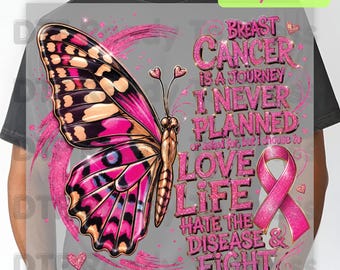 Breast Cancer Is A Journey Butterfly Breast Cancer Awareness DTF Transfer Ready to Press Heat Transfer Tee