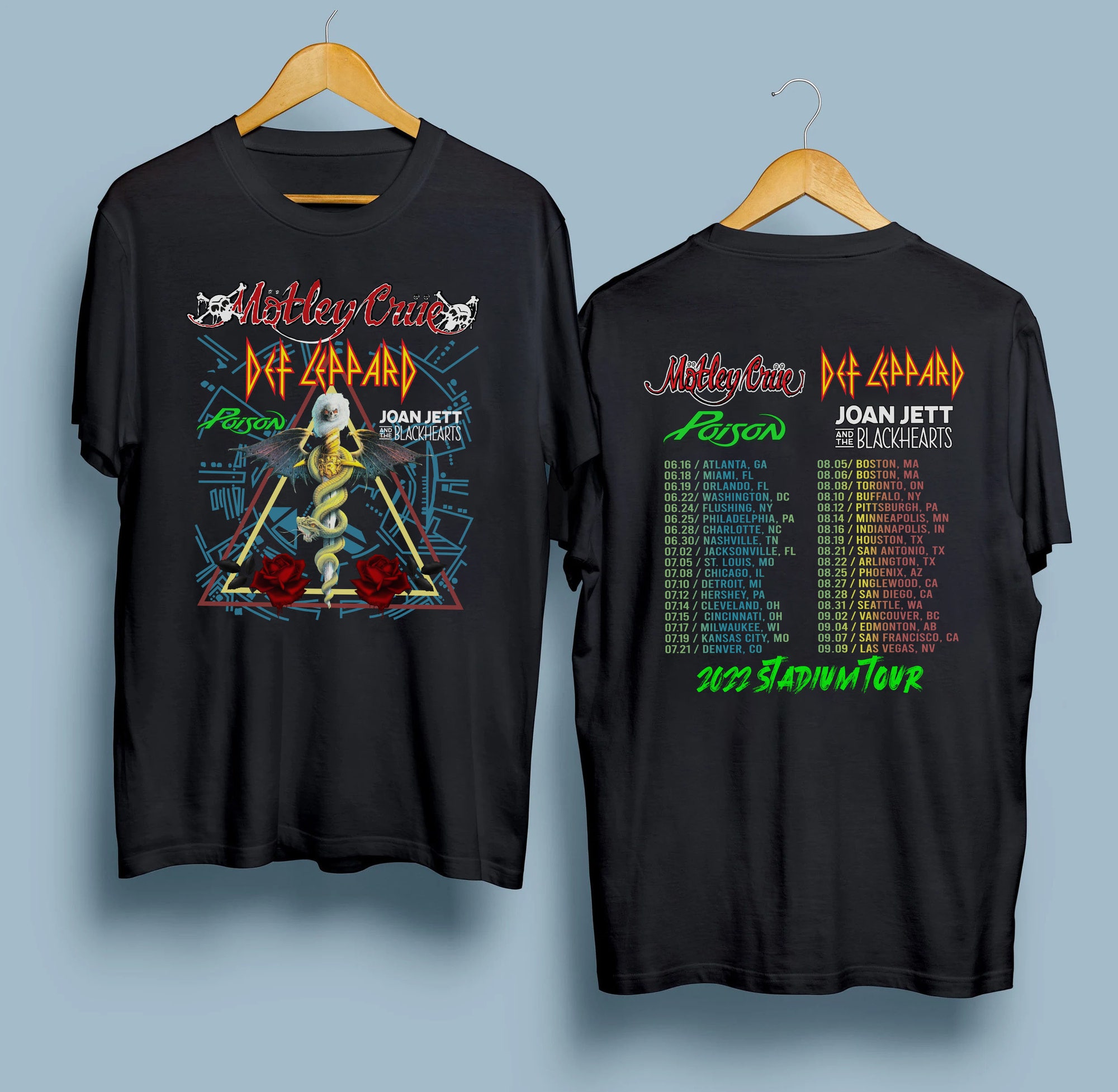 Discover The Stadium Tour Motley Crue Def Leppard Poison Joan Jett 2022 zweiseitiges T-Shirt