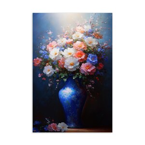 Romantische blaue Vase Blumen Postkarte | Bunter Garten Blumenstrauß Kunst | Elegantes Schreibwaren Geschenk