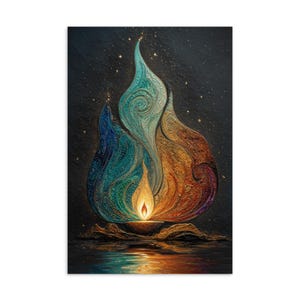 May include: A vibrant, artistic depiction of a flame with blue, teal, orange, and yellow hues. The flame appears to be stylized, with intricate patterns and textures. The background is dark with small, sparkling stars, and the flame is reflected in the water below.