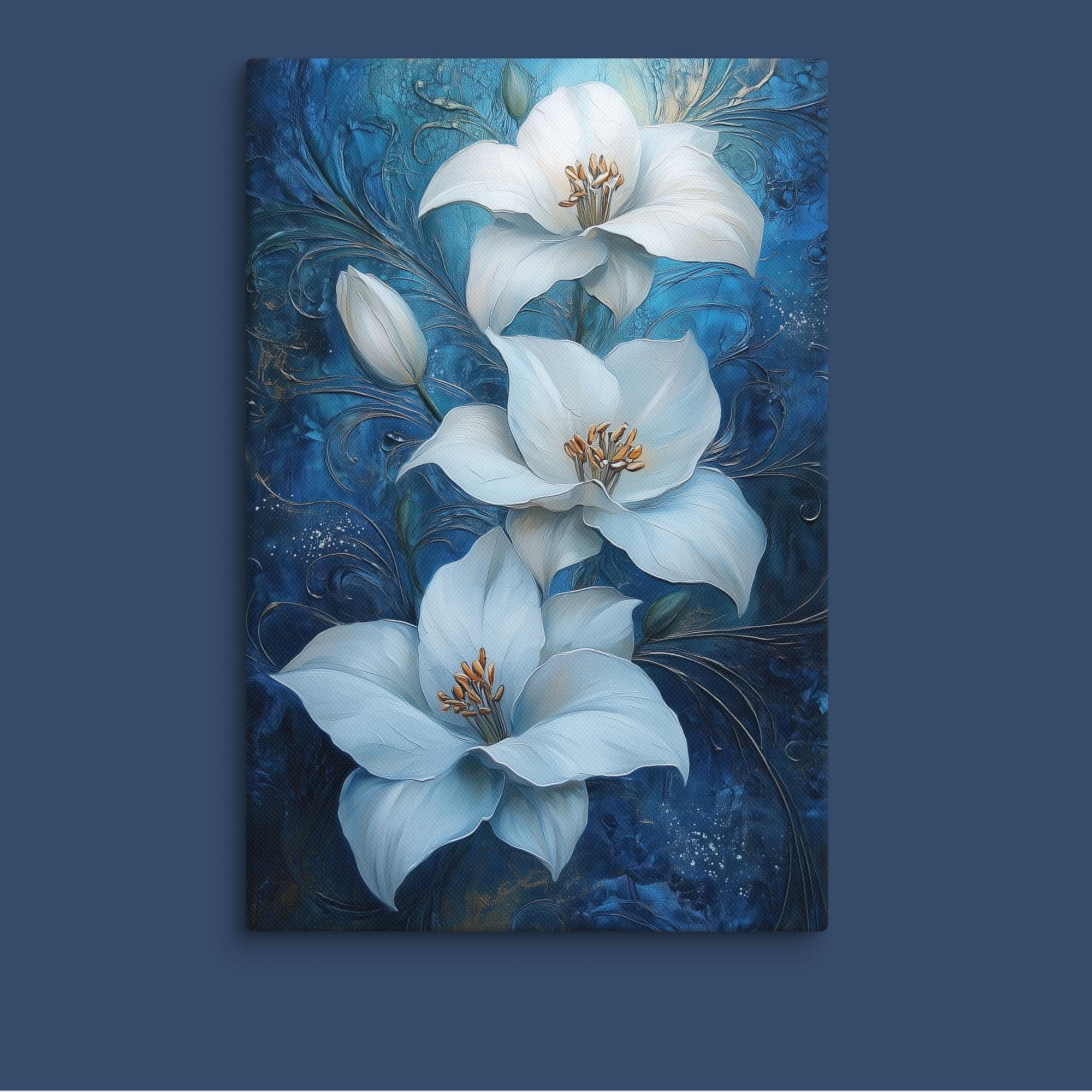 White Lily Canvas Art: Elegant Blue & Gold Floral Painting - Etsy