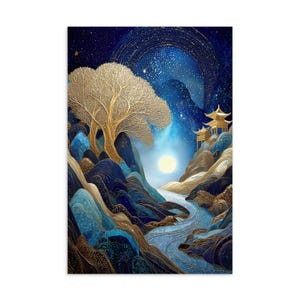 postale de pagode au clair de lune | Art de paysage asiatique fantastique | Imprimé rivière de la nuit et arbre doré