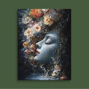 Dreaming in Bloom Canvas Art | Ethereal Floral Portrait | Surreal Ocean Goddess Wall Decor