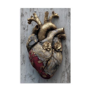postale anatomique surréaliste de coeur | Sculpture d'art en porcelaine dorée | Impression murale tactile fantaisie