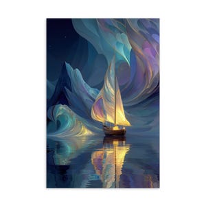 Himmlische Reise Postkarte | Verträumtes Aurora Segelboot Art Print | Surreale Fantasy Ozean Szene