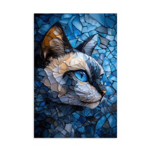 Cartão postal de gato de mosaico azul | Impressão de arte felina caprichosa | Papelaria de animais de fantasia AI