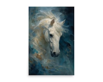 White Horse Wall Art Print, Fantasy Horse Decor for Bedroom or Office, Equestrian Gift for Horse Lovers, Dreamy Teal Gold Art