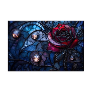 Postal con rosa eterna en vitral / Arte romántico para el día de San Valentín / Papelería floral elegante