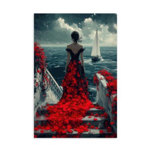Dame in Rot Postkarten | Romantische Meer Blick Mini Art