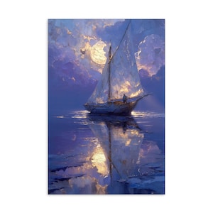 Briefkaart Moonwake Drift | Gouden maanverlichte bootkunst | Rustige avond-fantasieprint