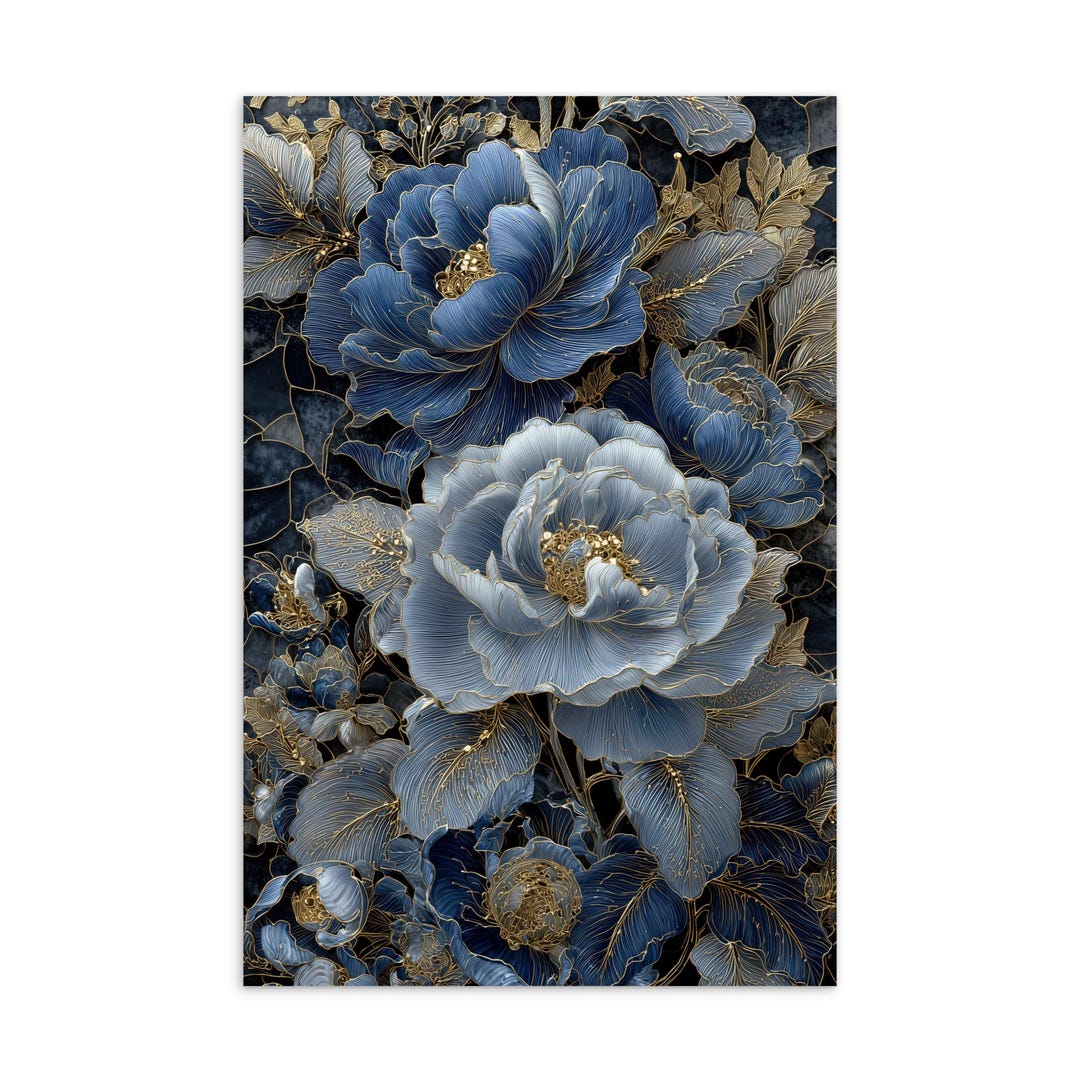 Blue & Gold Floral Postcard | Elegant Flower Art Print | Luxurious ...