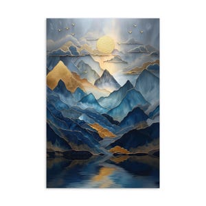 Cartolina con sole dorato sulle Blue Mountains / Elegante stampa artistica panoramica / Carta da lettere con paesaggio all'alba