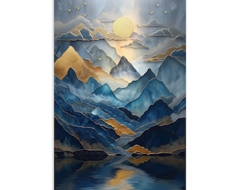 Golden Sun Over Blue Mountains Postcard | Elegant Scenic Art Print | Sunrise Landscape Stationery