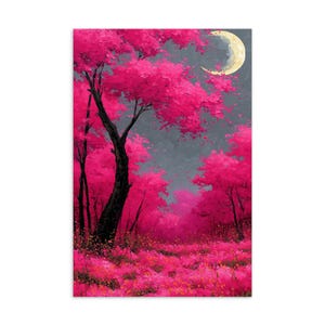 Cartão-postal Bosque Carmesim ao Luar | Impressão artística de Floresta Rosa Fantasia | Mini Arte Lua Crescente