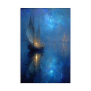 Nachtlaterne Postkarte | Blaues Sternenboot Kunstdruck | Mystische Segelszene im Mondlicht