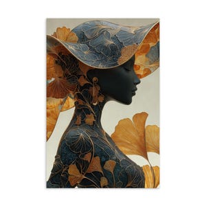 Art Deco Woman Postcard | Surrealistyczne złote liście i niebieski portret kwiatowy | Elegancka sztuka cyfrowa