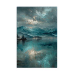 Briefkaart winterreflectie | Moody Mountain Lake-kunst | Serene natuurlandschapsprint