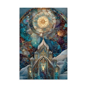 May include: A stained glass art print featuring a celestial design with a church-like structure. The artwork showcases a vibrant color palette of blues, golds, and purples, with intricate details and a starry sky background. The print evokes a sense of wonder and spirituality.
