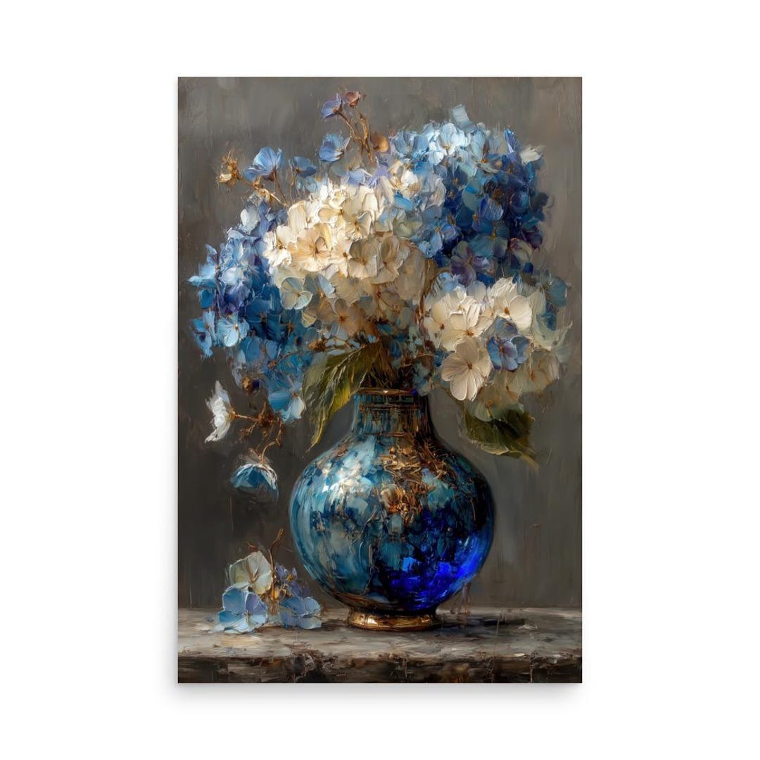 Blue Floral Vase Art Print | Moody Botanical Still Life - Etsy