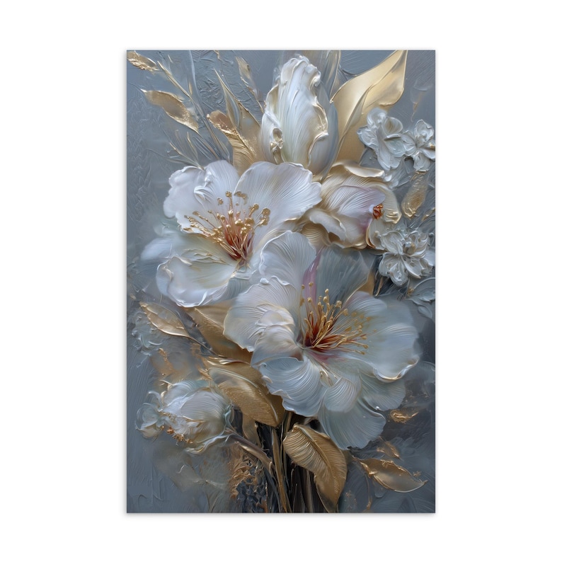 White & Gold Floral Postcard: 3D Textured Flower Art Print - Etsy