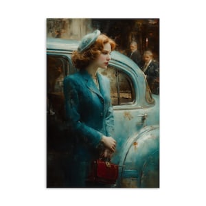 Pocztówka z epoki Crimson | Retro Woman Art Print | Elegancka scena mody vintage