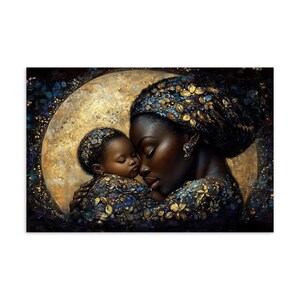 Cartão postal Golden Embrace | Cartão de arte afrocêntrica | Ilustração de mãe e filho | Impressão de arte preta | Estética dourada e azul