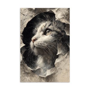 Cartolina di gatto con carta strappata – Arte di gatto su album da disegno – Stampa di disegno realistico di gatto – Illustrazione felina vintage – Cartolina regalo artistica