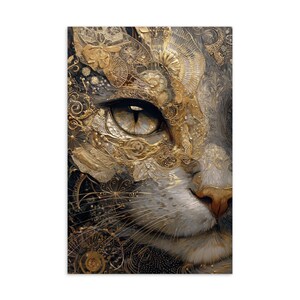 Carte postale ornée de chats en or, impression d'art chat baroque, illustration de chat fantastique, cadeau fantaisiste pour amoureux des chats, décoration métallique oeil de chat