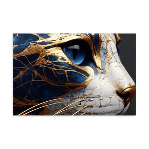 Cartão postal de gato azul dourado – Arte de gato em porcelana – Ilustração de gato fantasia com esmalte rachado – Presente abstrato para amantes de felinos
