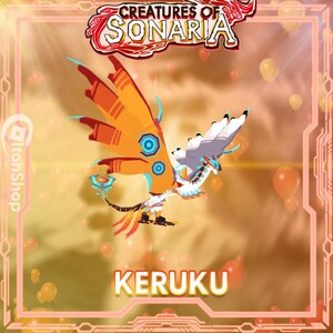 Könnte beinhalten: Illustration einer Kreatur namens Keruku aus Creatures of Sonaria. Die Kreatur hat orange und blaue Flügel, weiße Federn und einen langen, verzierten Schwanz. Das Bild hat einen gold-orangenen Hintergrund mit dem Text "Creatures of Sonaria" und "Keruku".
