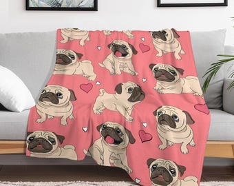 Manta de franela exclusiva de diseño para carlinos: estampado de corazones en rojo rosa, un dulce regalo para los amantes de los carlinos.