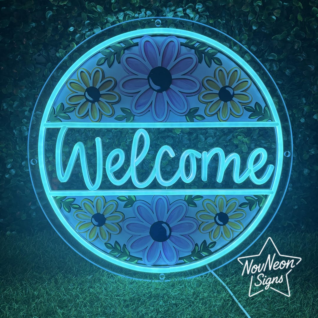Welcome Flower Pattern Neon Sign, Spring Door Hanger, Floral Door Sign ...
