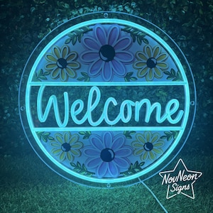 Welcome Flower Pattern Neon Sign, Spring Door Hanger, Floral door sign,Wedding Decor,Cafe Lighting，Florist Neon Sign, Spring Porch Decor