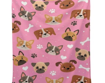 Manta de franela exclusiva de diseño con adorables caritas de perro - Funda cálida rosa para perros pequeños y medianos