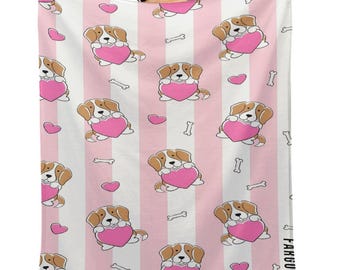 Manta de franela de edición limitada de diseñador con corazón de rayas rosas y blancas para beagles, manta para mascotas