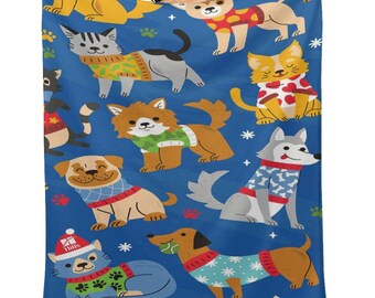 Manta de franela para mascotas con estampado de suéter navideño de edición limitada para gatos y perros, manta cálida festiva universal para gatos y perros.