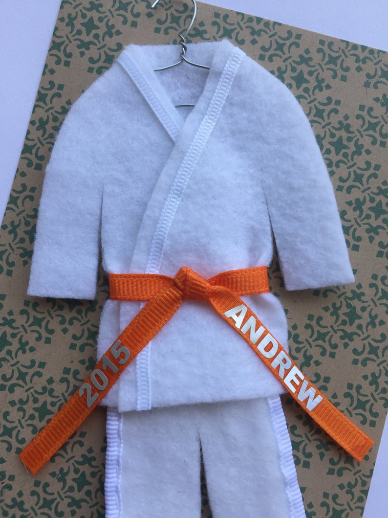 Orange Belt Martial Arts Christmas Ornament Personalized ORANGE Belt Uniform with Name / Year TaeKwonDo Karate Jiu Jitsu Bando Hapkido image 1