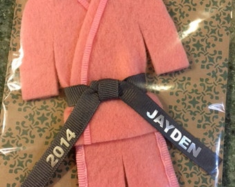 Pink Martial Arts Christmas Ornament- Personalized Uniform- CHOOSE Your Belt Color - Name / Year - TaeKwonDo Karate Jiu Jitsu Hapkido
