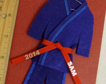 Martial Arts Ornament- CHOOSE Belt Color - Personalized - Christmas- Blue Uniform with Name / Year -TaeKwonDo Karate Jiu Jitsu Bando Hapkido