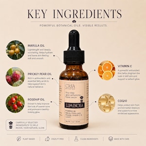 May include: A brown glass bottle of Casa Botanique Luminosa facial serum with a black dropper. The label lists key ingredients: Marula Oil, Prickly Pear Oil, Rosehip Oil, Vitamin C, and CoQ10. The serum is plant-based, cruelty-free, and made with care.