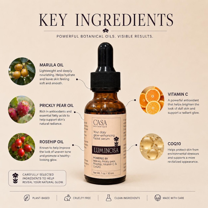 May include: A brown glass bottle of Casa Botanique Luminosa facial serum with a black dropper. The label lists key ingredients: Marula Oil, Prickly Pear Oil, Rosehip Oil, Vitamin C, and CoQ10. The serum is plant-based, cruelty-free, and made with care.