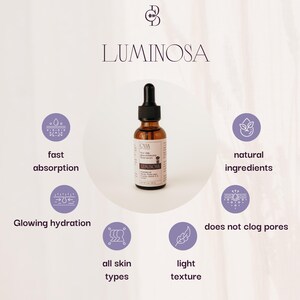 May include: A brown glass bottle of Luminosa face serum with a black dropper. The label includes the brand name and product details. The image also highlights features like fast absorption, glowing hydration, natural ingredients, and light texture.