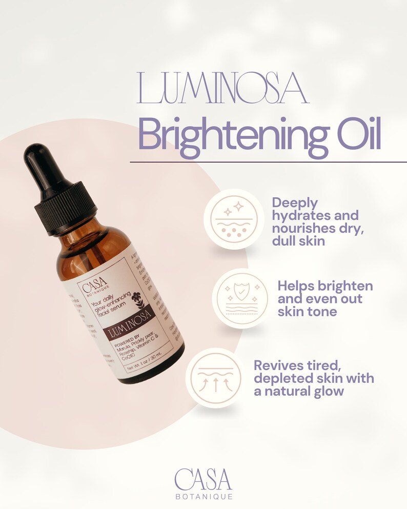May include: A brown glass bottle of Luminosa Brightening Oil with a black dropper. The label reads "Your daily glow-enhancing facial serum" and "Powered by Marula, Prickly pear, Rosehips, Vitamin C & CoQ10". The image also includes text about the product's benefits.