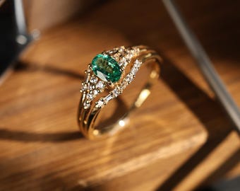 Anillo de esmeralda de oro macizo de 18 k con diamante, anillo de esmeralda para mujer, anillo de compromiso, anillo llamativo para mujer, regalo para ella, anillo de esmeralda vintage