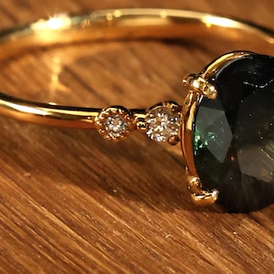 Simple Oval Shaped Sapphire, 18k Solid Gold Ring ,Teal Color Sapphire Ring with Diamond, Simple Green Sapphire Ring, Gift for Her for Women
