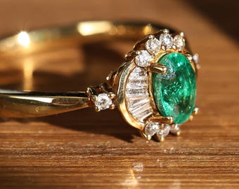 Anillo de esmeralda de oro macizo de 18 k con diamante, anillo de esmeralda para mujer, anillo de compromiso, anillo llamativo para mujer, regalo para ella, anillo de esmeralda vintage