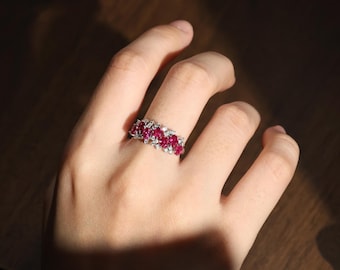 Natural Ruby Ring, 18k Solid Gold Ring, Half Eternity Ring,1.73ct Ruby Ring, Unique Ring For Anniversary Gift, Women Ruby Ring, Daily Ring