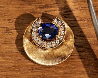 Brushed Gold Sapphire Pendant, Natural Sapphire Pendant,18k Solid Gold Pendant, Pendant For Anniversary Gift, Vintage Pendant, Gift For Her