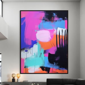Pink Orange Abstract Painting on Canvas, Modern Color Splash Wall Art, Hand-Painted Large Acrylic Artwork, Bold Decor for Home or Office