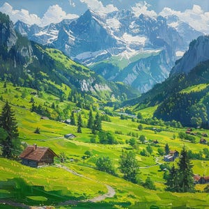 油彩画 山と川の風景　スイス Swiss alps oil painting - Etsy 日本
